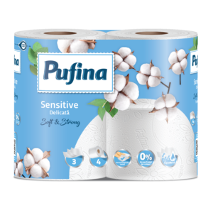 Pufina Sensitive Aquabond Toalettpapír - 3 réteg, 4 tekercs