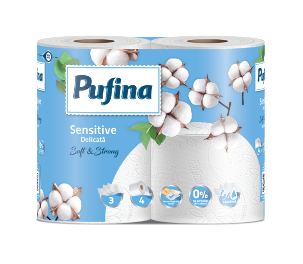 Pufina Sensitive Aquabond Toalettpapír - 3 réteg, 4 tekercs