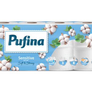 Pufina Sensitive AquaBond Toalettpapír - 3 réteg, 8 tekercs